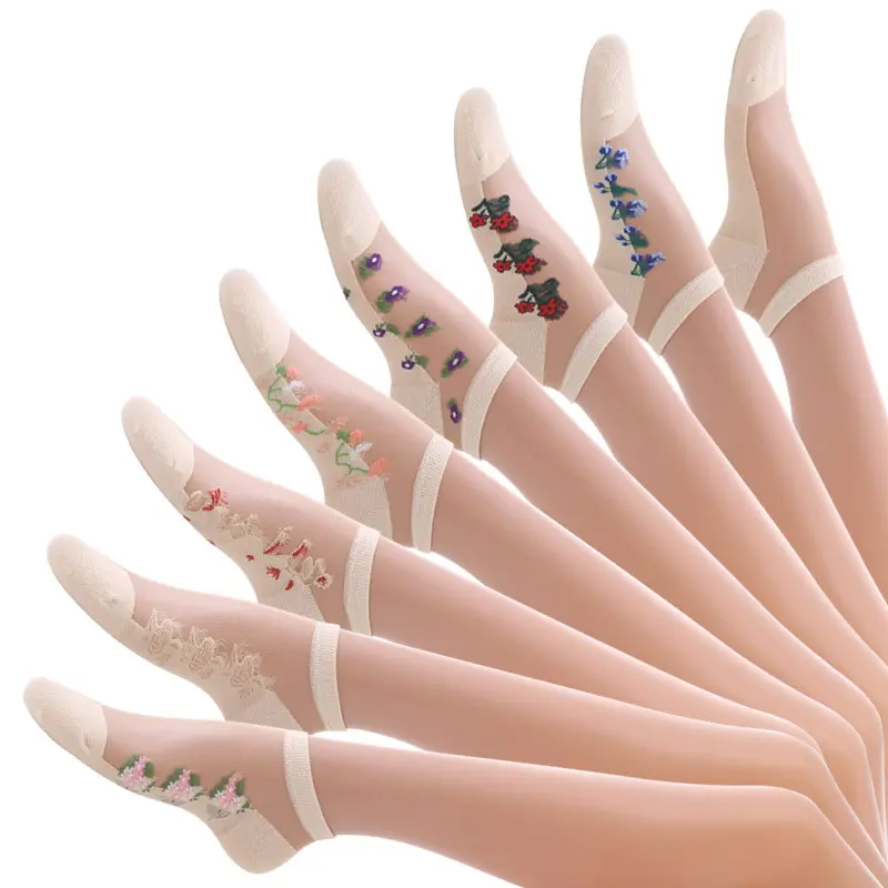 Multi Floral Design Sheer Ankle Socks 8 Pack, Women Breathable Crystal Silk Invisible Socks for Dress Shoes Daily Wear