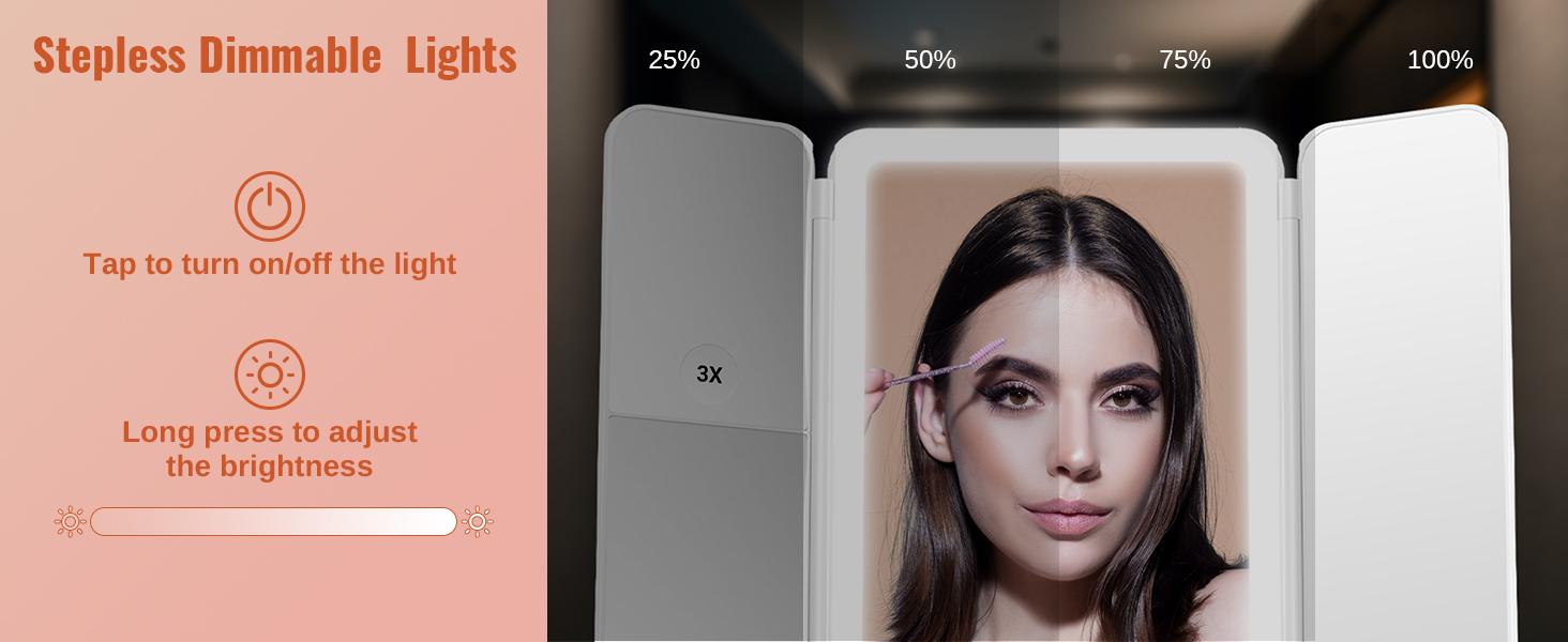 Lighted Makeup Vanity Mirror, Height Adjustable Trifold Mirror with Seamless Light Strip, 1X/2X/3X/10X Magnification, 2000mAh Rechargeable Desk Mirror, Dimmable 3 Color Lighting – Ideal Gift for Mom on Mother's Day