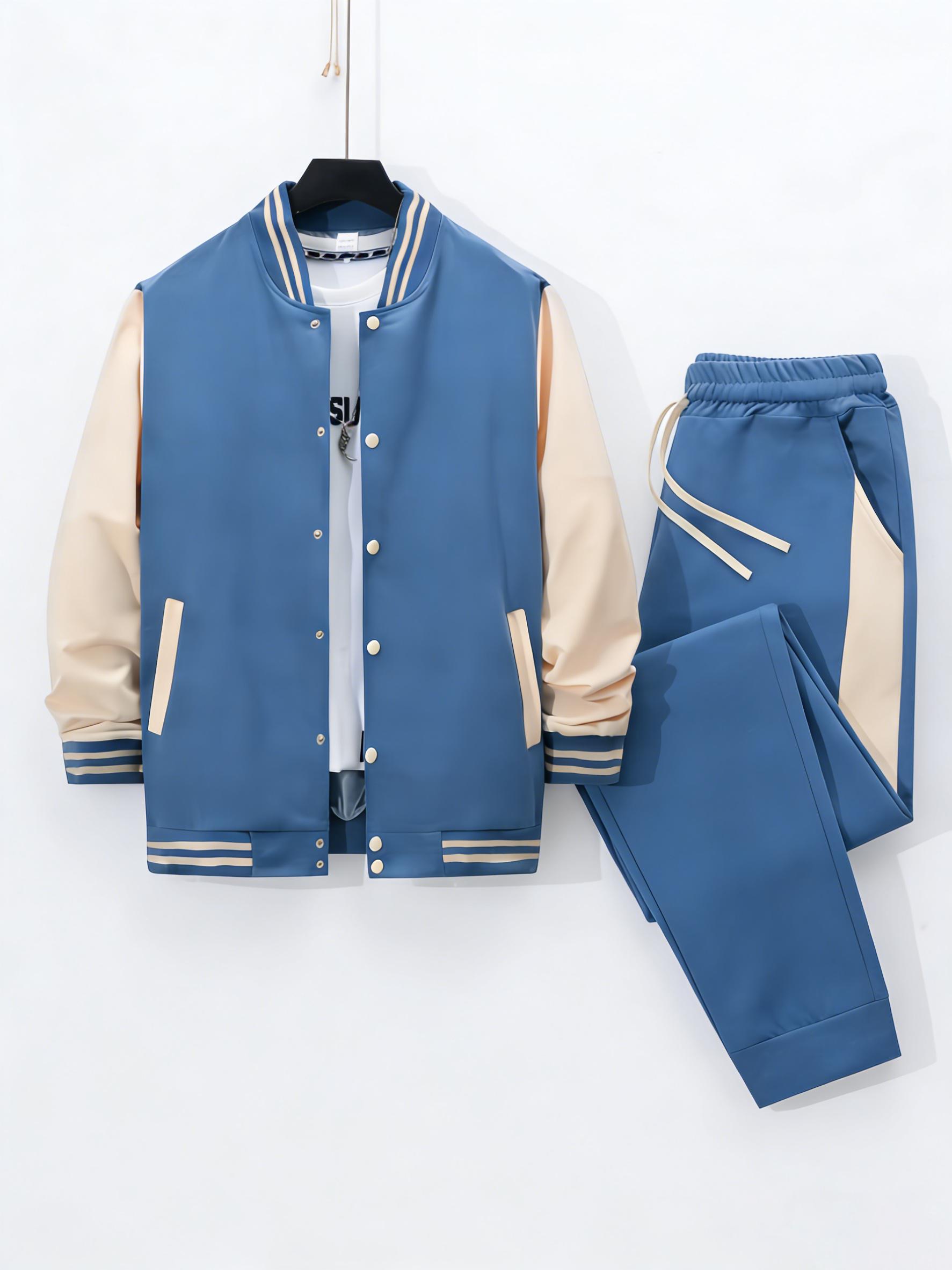 2026 New Men's Baseball Jacket Set, Color-Block Splice Stand Collar Button Cardigan with Jogger Sweatpants Two-Piece Set, Casual Trendy Spring and Autumn Sportswear, Suitable for Everyday Casual Wear