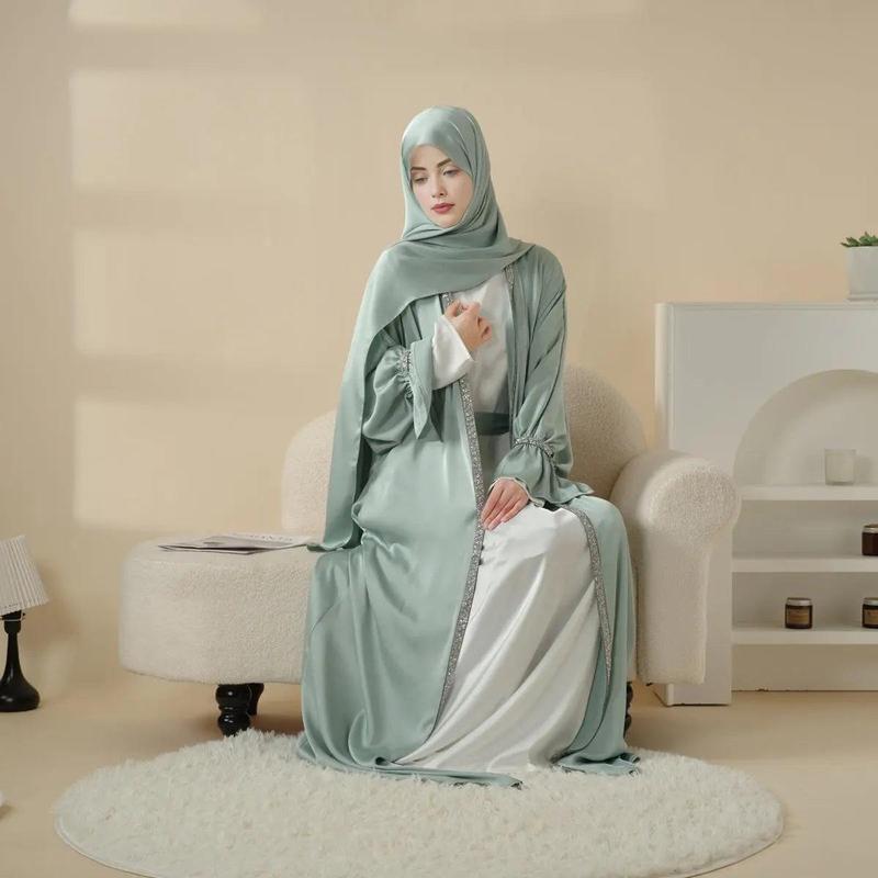 Modesty Muslim Chic Fit Maxi 4-Piece Set: Poet Sleeve Satin Abaya & hijab (MOA009) Formal