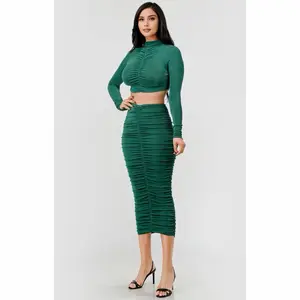 Salvy Hunter Green 2 Pieces Set Slinky Shirring Crop Top and Skirt for Women's Fashionable Outfits Cozy Solid #Elegance #Twist #2piecesset #Casual #dress