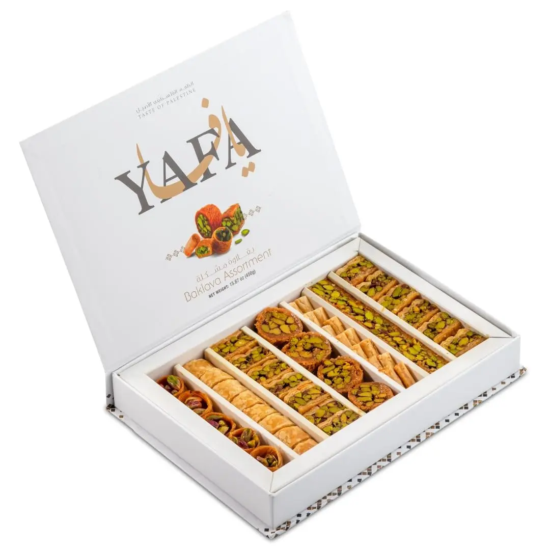 YAFA Baklava -Middle Eastern Sweets- Pistachio Baklava - Bakery Dessert - Turkish Delights Assorted - Eid Gift Basket - Turkish Baklava -Taste of Palestine - Baklava Gift Box 450g. (46-48pcs)