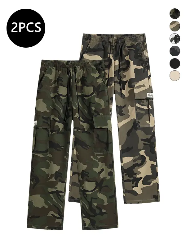 Men’s autumn camouflage baggy wide-leg sweatpants, baggy straight-leg pants, multi-pocket cargo pants, trendy printed casual long pants