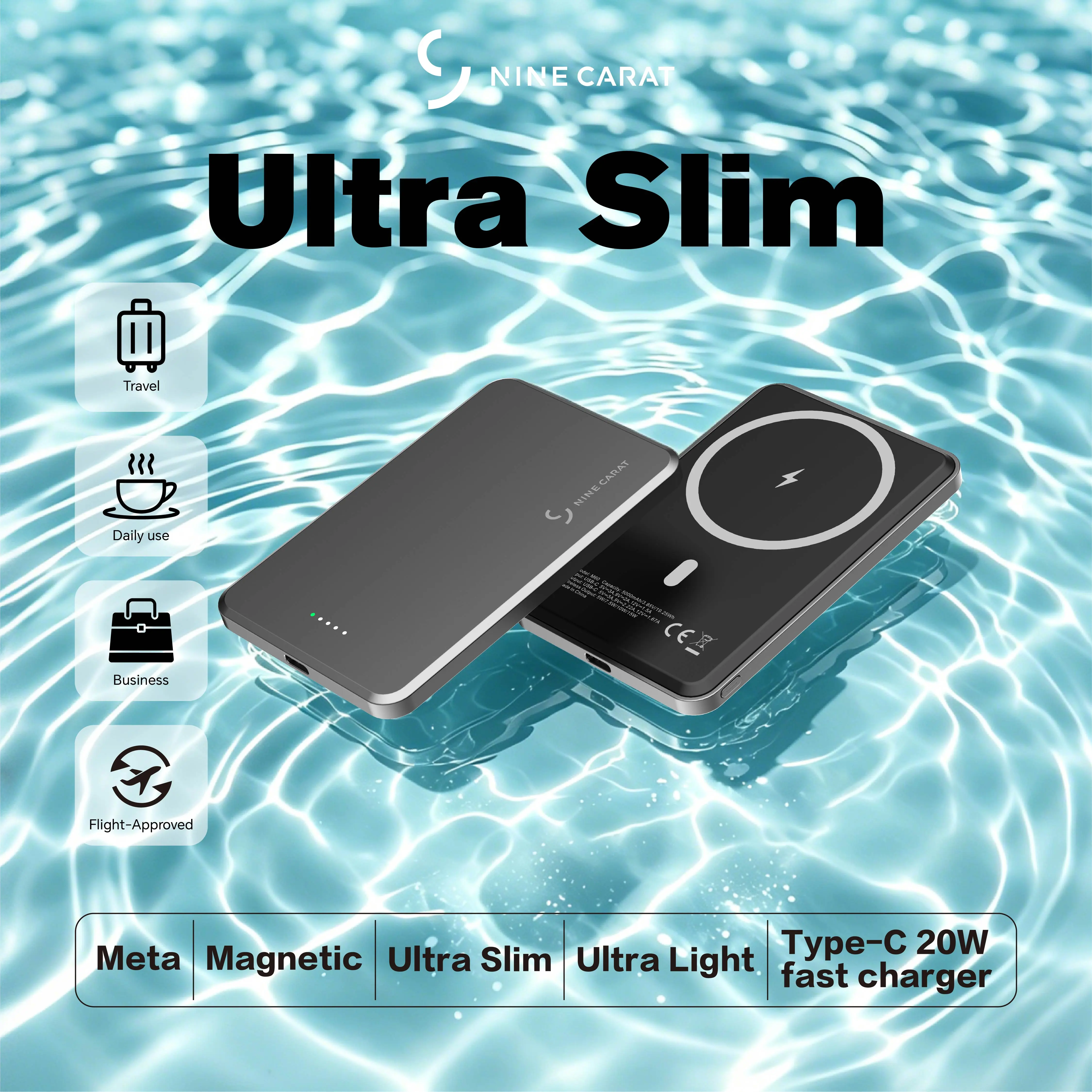 Ninecarat 9-Carat Ultra-Slim Metallic Magnetic Wireless Power Bank - 5000/10000mAh Lightweight 20W PD Portable Charger, USB-C & MagSafe Compatible for iPhone 17/16/15/14/13/12 Pro, Smartphone Charging Accessory, Tech Accessories, Mens Gifts