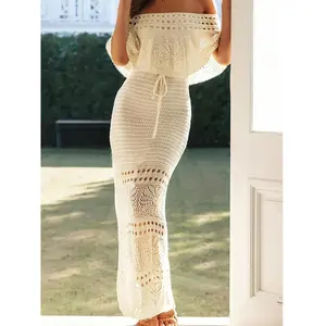 SYHAN 2026 Latest Women's Off-the-Shoulder PU11266493 1pc Swimsuit Cover-Up Dress High-Elasticity Beach Dress with Hollow-Out Tie-Up Hem Apricot Semi-Sheer for Poolside Vacation Parties Spring Summer Casual Knit Outfits