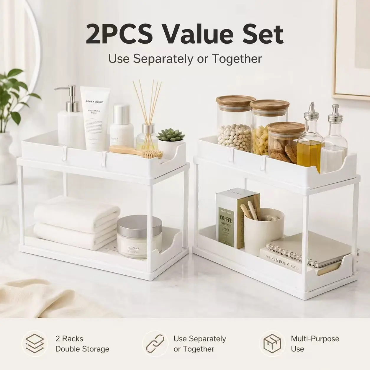 2-Pack White 2-Tier Pull-Out Under Sink Organizers with Side Hooks, Space-Saving Storage Racks for Bathroom, Kitchen, Laundry Room
