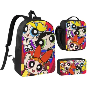 Powerpuff Girls Lightweight Backpack Set With Lunchbox And Pen Pouch 17inch A Great Rucksack For Traveling Backpack Blossom Bubbles Buttercup Daypack PPG lunchbag