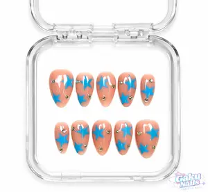 GakuNails BLUE NOVA  Press On Nails - 10 Pcs Short Almond Handmade, Colorful Graffiti Star Print Builder Gel, Size-Selectable, Reusable, Funky Cute Decorative Multi-Pack, Acrylic Press Nail