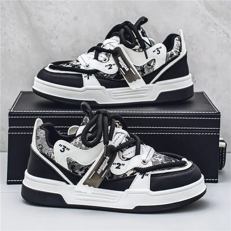 Chunky Sneakers for Women, Black and White Cloth Low Top with a Thick PVC Platform Sole, Lace-up Round Toe for Everyday Walking, Footwear, Sporty Chic, Ankle, Synthetic, Walking Shoes, Shoes Sneakers, Training, Thick Soled Shoes