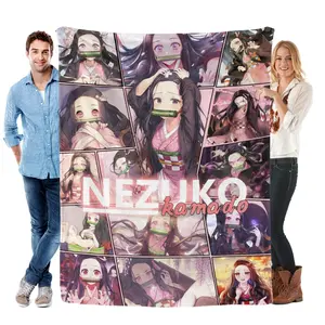 Demon Slayer Nezuko Kamado Collage Flannel Fleece Blanket Comic-style Panel Design Soft Pink Tones Iconic Bamboo Muzzle Perfect for Anime Fans Cozy Marathons