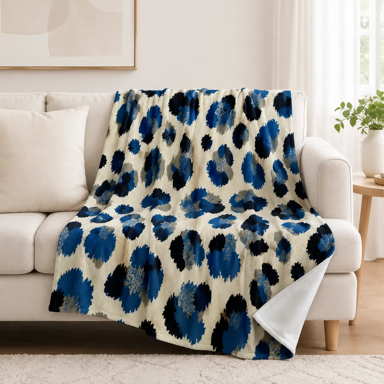 Blue Leopard Print Fleece Flannel Throw Blanket, Super Soft Lightweight Abstract Animal Pattern Plush Blanket for Adults & Kids, Warm All Season Cover for Bed Couch Chair Home Decor Gift