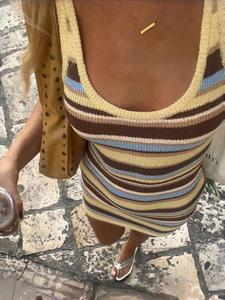 Summer Women's Slimming Sexy Colorblock Striped Knit Dress, Casual Fashion Long Sleeve Round Neck Design, Perfect for Daily Wear Womenswear