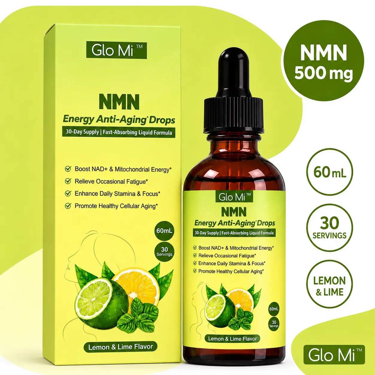 Glo Mi NMN Liquid Drops NAD+ Supplement - 500 mg NMN with AKG, TMG, Trans-Resveratrol, CoQ10, PQQ - Lemon & Lime Flavor, 60 mL, 30 Servings - Daily Cellular Energy & Wellness Support Supplement