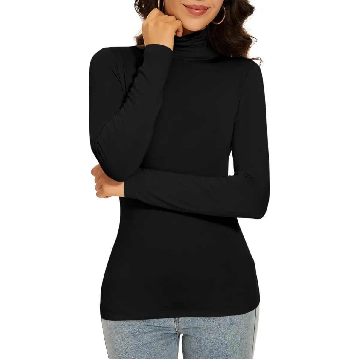 Women's Turtleneck Long Sleeve Thermal Tops Slim Fitted Lightweight Thin Basics Layer Tshirt (XS-2XL) High Neck Minimalist