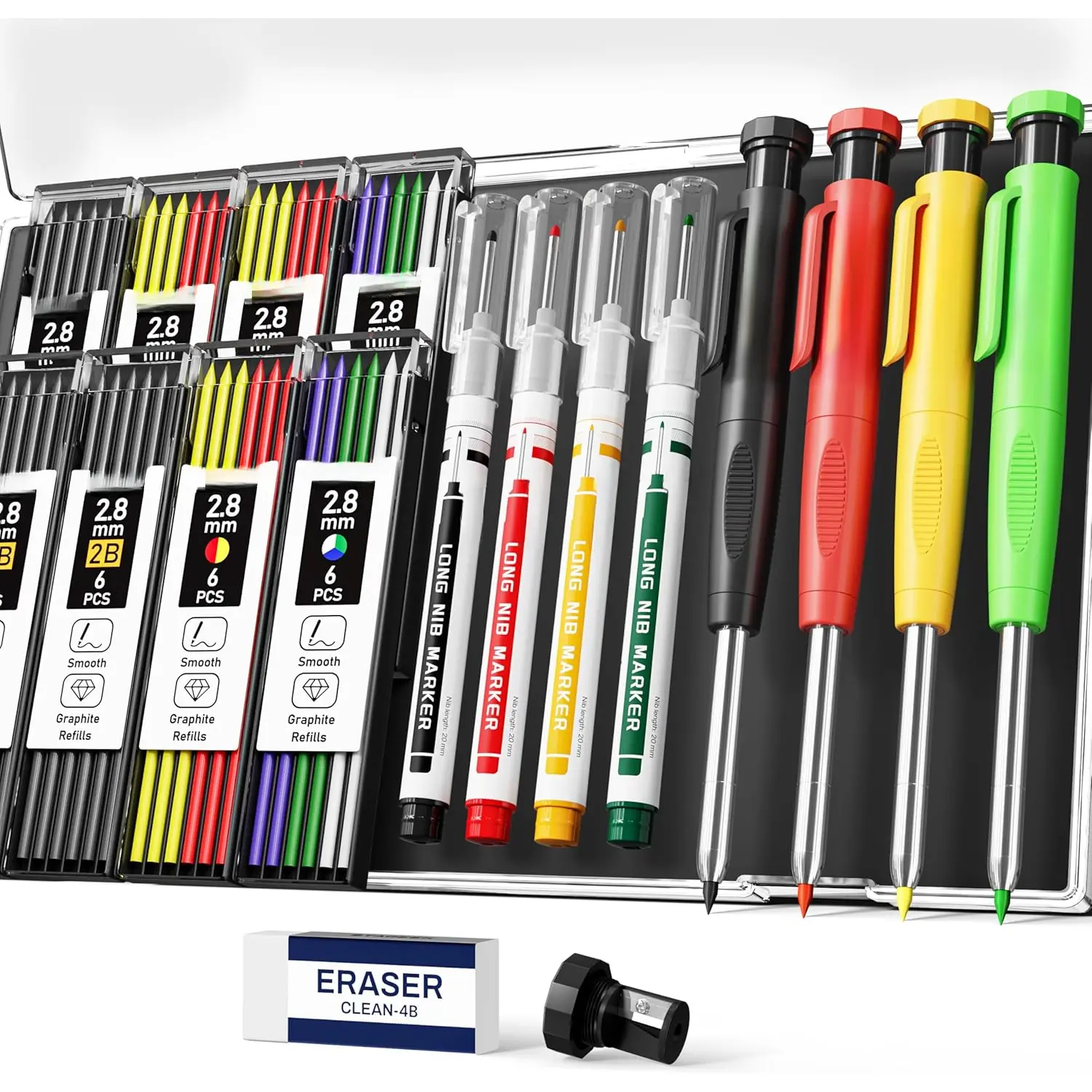 4 count Carpenter Pencils with Sharpener, Heavy Duty Woodworking Pencils, Mechanical Carpenter Pencil with 52 Refills, Deep Hole Long Nib Marker Pens for Architect Construction Marking with Case