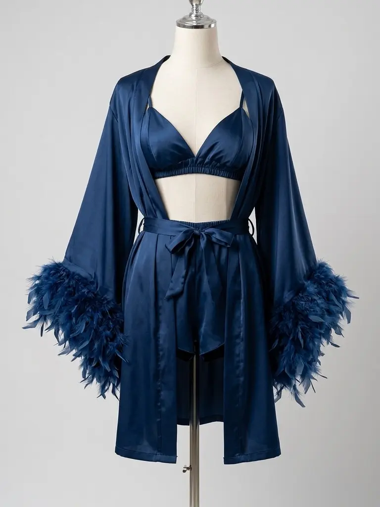 Women’s 3-Piece Satin Feather Trim Pajama Set, Bralette, Tie-Waist Shorts & Robe, Elegant Navy Blue Sleepwear Loungewear Set
