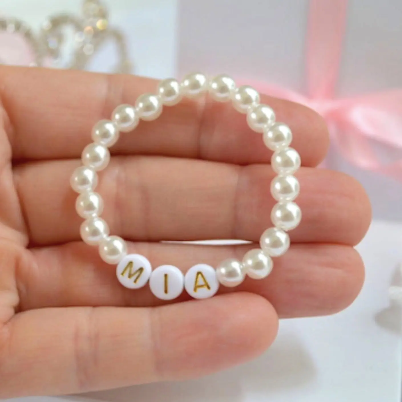 Pearl Baby Bracelet – Add Name & Size in Inches in ‘Add Note’ at Checkout – Personalized Baby Girl Name Bracelet, Birthday and Baby Shower Gift