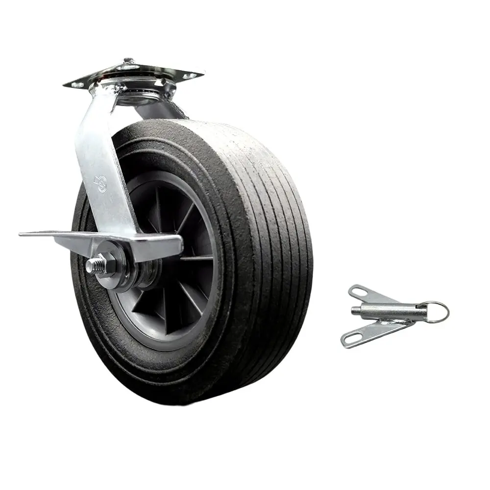 Service Caster SMOK-SCC-100S1030-SNB-SLB-BSL 10" x 3" BBQ Smoker Grill Flat Free All Terrain Swivel Caster - Bolt-on Lock, Brake, Cushioned Ride, Manual Speeds, Easy Rolling, Maintenance-Free Solid Rubber Wheel for BBQ Grilling, Flat-Free Ride, Casters