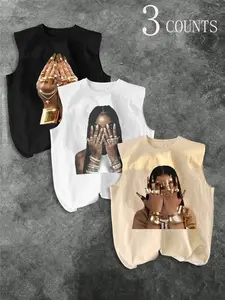 Men's Three-Piece Trendy Casual Sleeveless Vest Set, Ring Pattern Print, Summer Vacation Friend Gathering Daily Wear