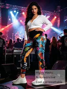Best-selling plus-size women’s dark punk-rock style trousers; quirky, multi-coloured digital print fashionable and unique skinny trousers; summer high-stretch, high-waisted trousers that are comfortable, figure-flattering and non-restrictive;
