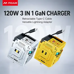 MOJUE Retractable Charger Wall Plug with Type C Cables Cords, Equipped with Type-C to Lightning Adapter, 120W Fast Charging Foldable Block Multi Charger, 4-in-1 Travel Essentials Brick Multiport for iPhone 17/16/15/14/13/12, iPad, Galaxy, LG, Pixel box
