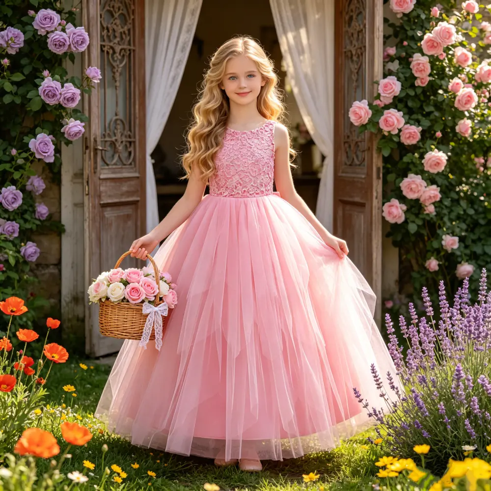 309 Girls' Children's Clothes 5-14 Years Girl Pageant Gown Length Flower Girl Dress Wedding Gown Long Dress Embroidery Lace Dress