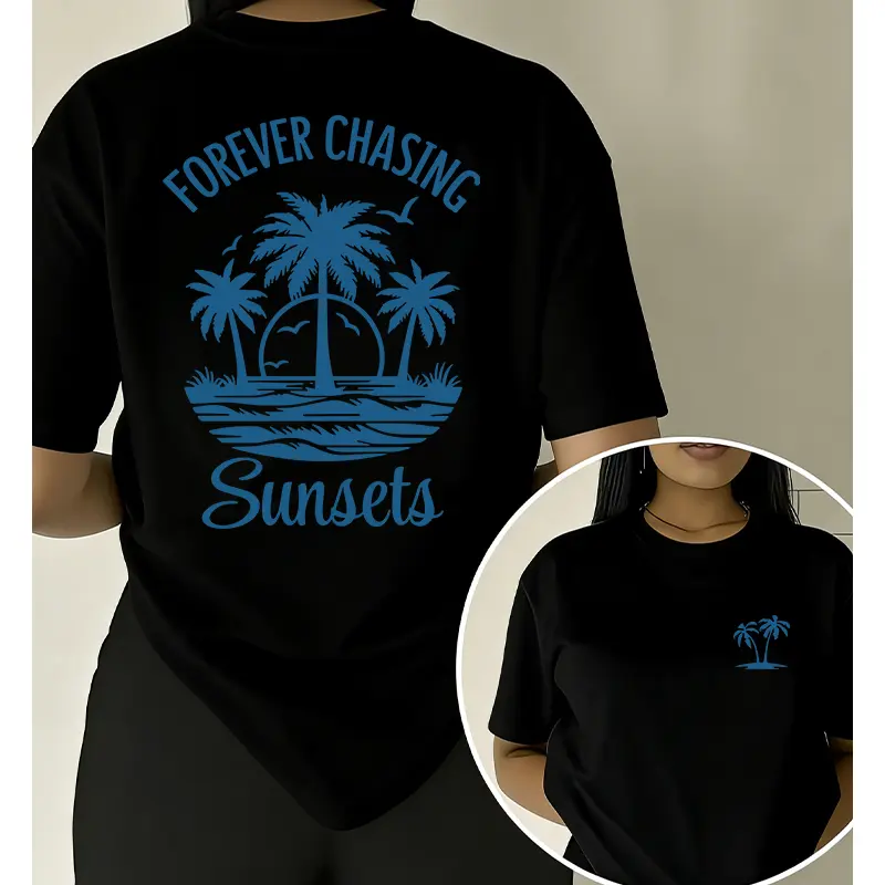 Women's Graphic T-Shirt, Oversized Unisex Fit 100% Cotton Top, Casual "Forever Chasing Sunsets" Double-Sided Coastal Print, Tops, Casual Vibes, T Shirts Women, Women's Graphic Tees