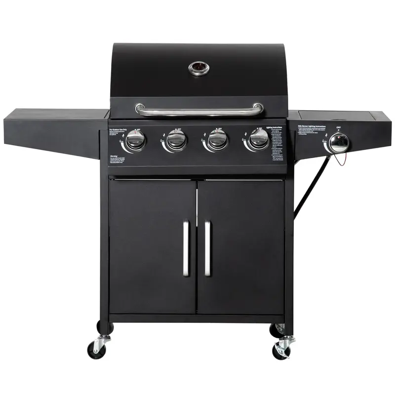 Outsunny 4-Burner Carbon Steel Freestanding Propane Gas Grill (Family Size) - Heat Resistant BBQ, 50000 BTU, Side Burner, Side Table, Handles, Lockable Wheels, Lid, Regulator & Hose, Warming Rack, Cabinet, Thermometer, Silver for Outdoor Patio Cookout