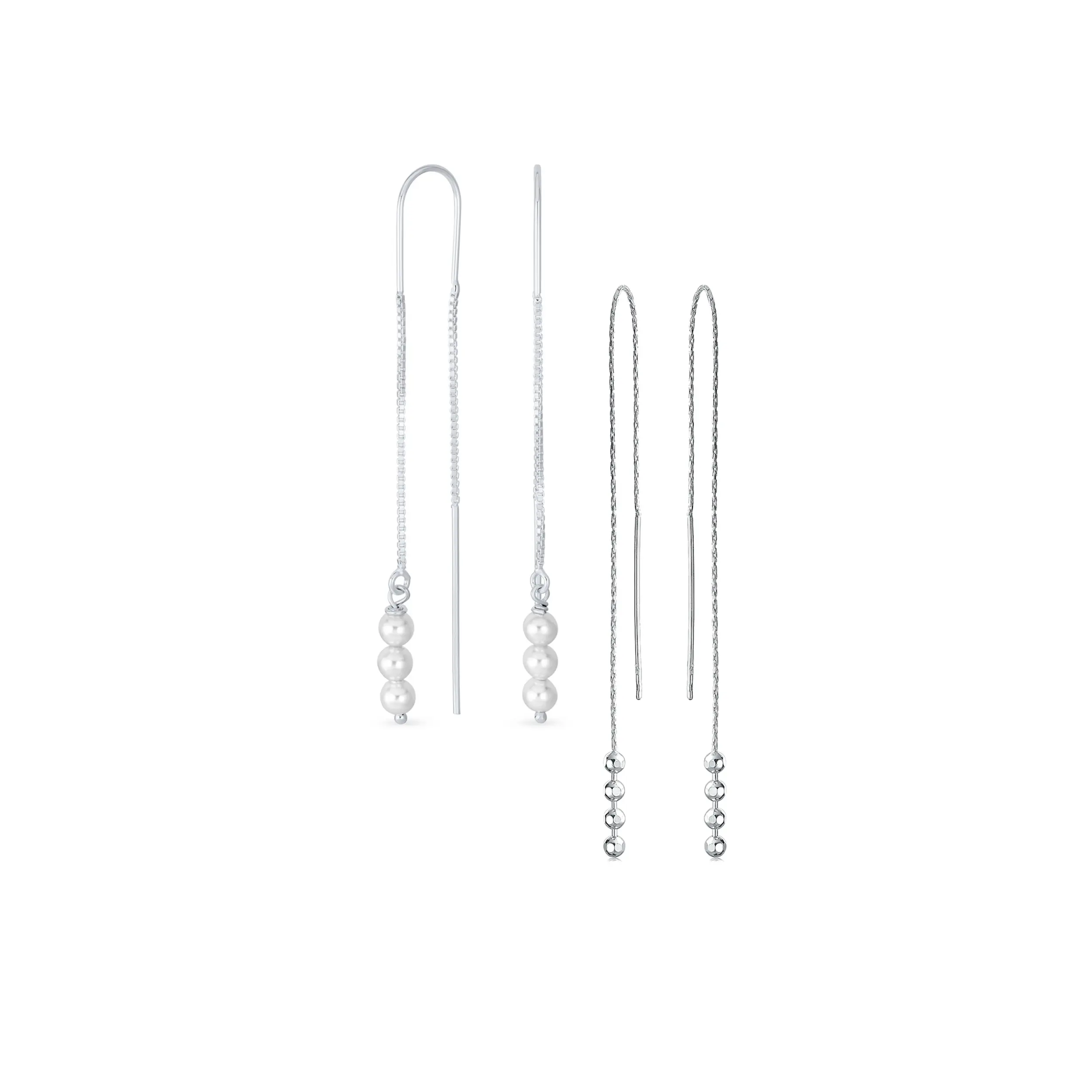 Multi Pearl & Bead Ball Threader Earrings Long Chain Sterling Silver 2-Set