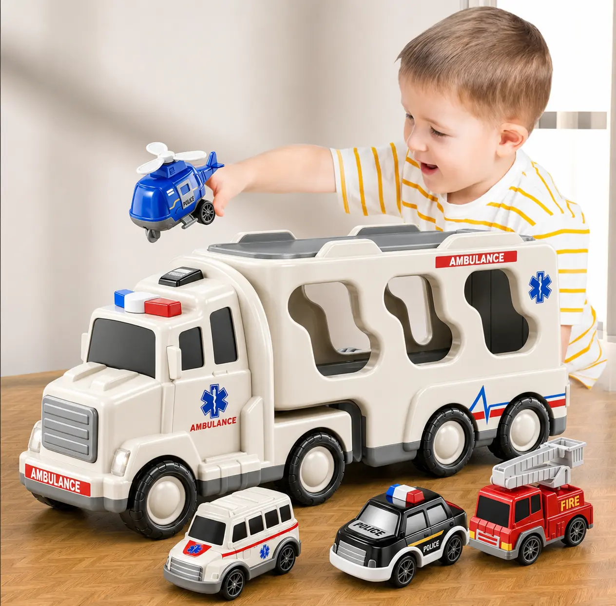 Unisex 5-in-1 Ambulance Storage Transport Vehicle Educational Toy for Kids Aged 3–6,Integrated Storage Compartment Holds 4 Included Mini Rescue Cars,Restores Real Ambulance Rescue Scenes,Dual-Function Medical Role Play&Anxiety Relief Sensory Fidget Toy