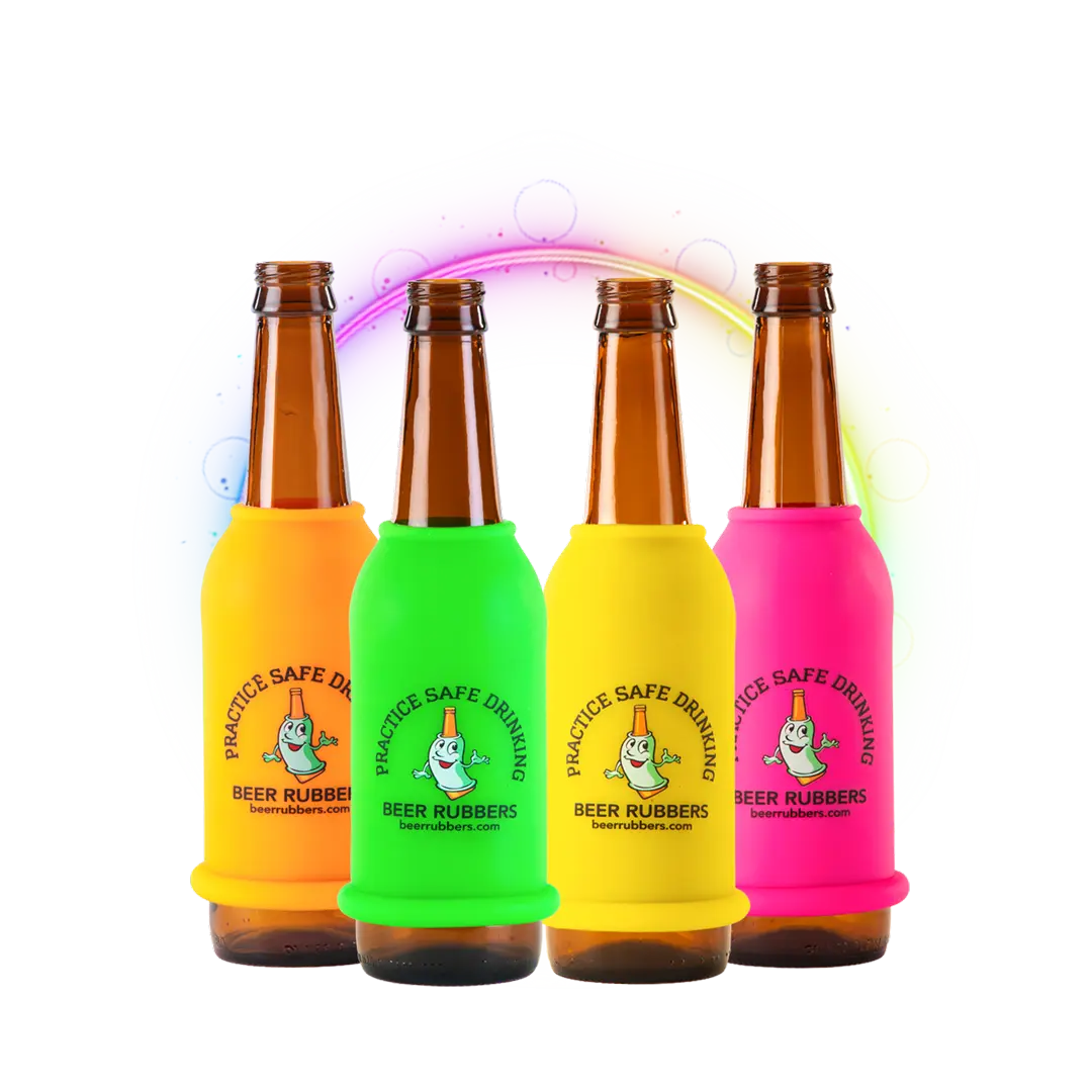 Adults' 4-Pack Stylish Rubber Neon Beer Bottle Sleeves - Bright, Solid, No-Slip Grip, Drop-Safe, Durable, Shatter Protection, Kitchen & Drinkware Accessory, Ideal for Parties, Festivals