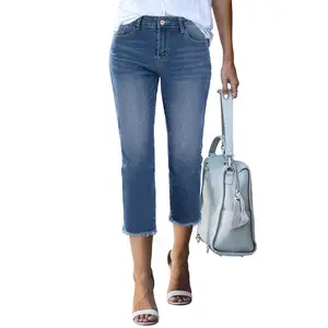 Sidefeel Women's Capri Jeans High Waisted Straight Leg Raw Hem Denim Capri Pants