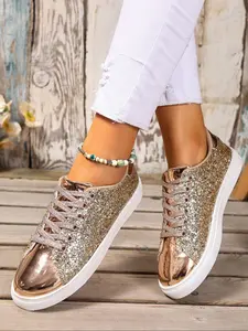 Sparkling Casual Sneakers, Shiny Sequins Design, Mirror Finish Toe Cap, Sole, Gold Silver Colors, Fashionable & Casual Style, Walking Shoes, Women