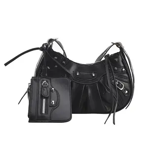 BIGWIG Women’s Ruched Crescent Underarm Bag - Soft Faux Leather, Vintage Retro Rivet Moto Style, Detachable Pouch, Chic Y2K Aesthetic, Lightweight Shoulder Bag for Daily Casual or Party Streetwear