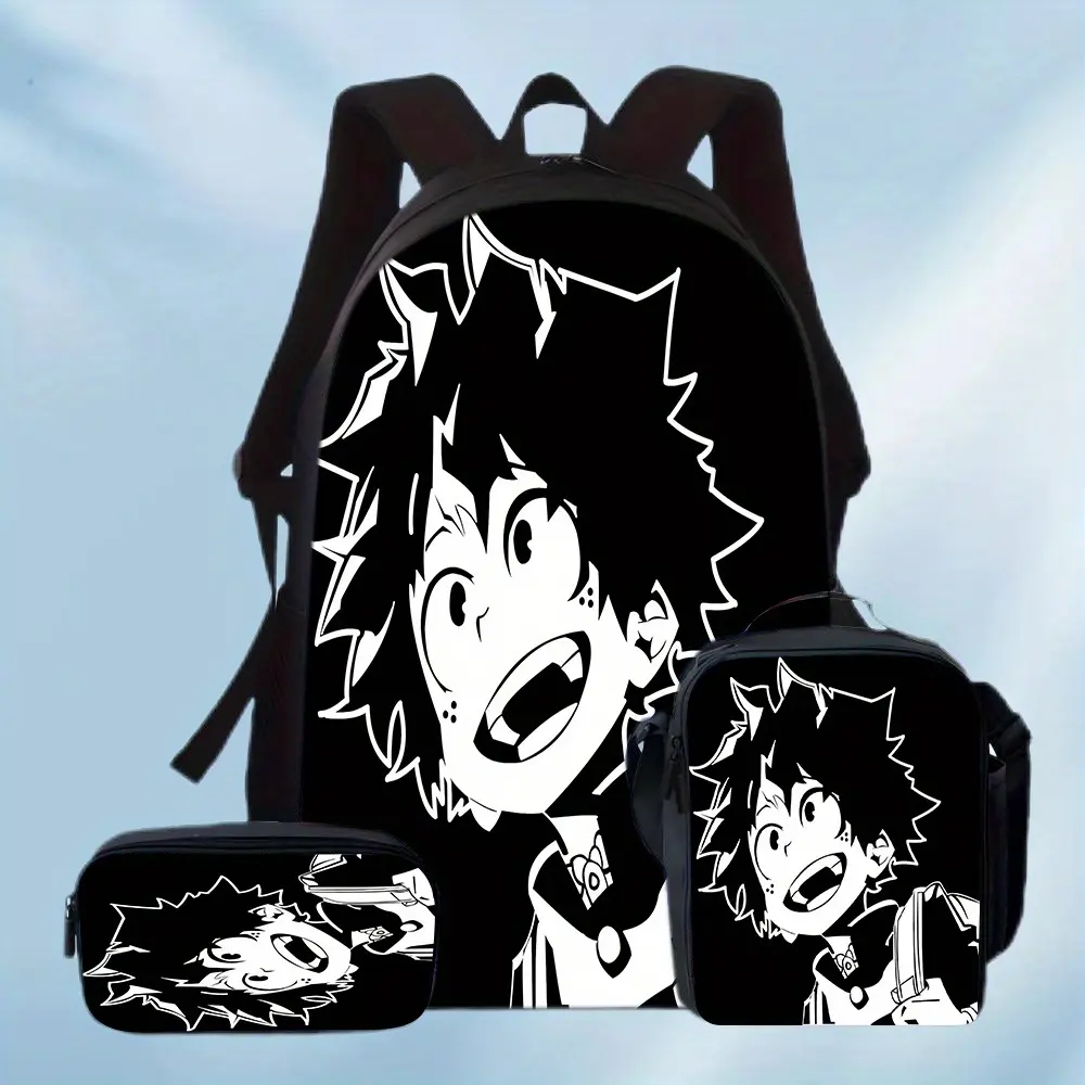 Durable Water Resistant 3-Piece Backpack Set for Kids, Lightweight School Bag with Lunch Box, Featuring My Hero Academia Izuku Midoriya Black White Manga Portrait Full-Print, Solid Black Base for Anime Fans Daily School & Casual Use