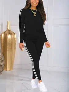 Women's Casual Tee Pants Set Daily Round Neck Long Sleeve Clothes Side Autumn Outfits Striped Lounge Suit