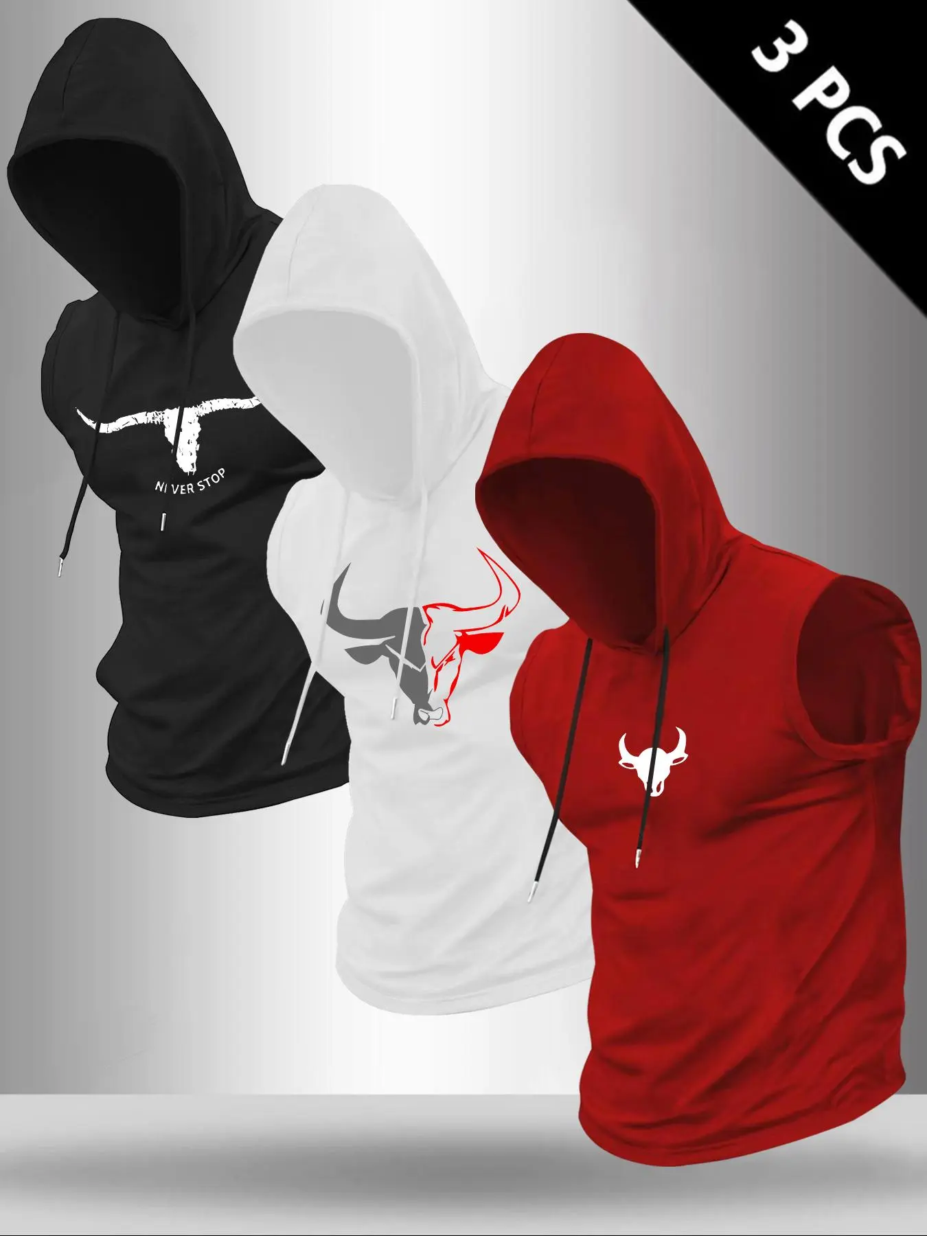 Men's 3-Piece Bull Graphic Print Sleeveless T-Shirt Set, Casual Comfortable Hooded Vest for Summer Outdoor Fitness Wear