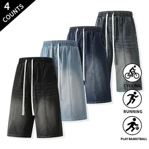 4-Pack Men’s Baggy Denim Capri Shorts, Knee-Length Jorts with Elastic Drawstring Waist, Vintage Gradient Wash, Casual & Workout Jeans for Summer Streetwear, Cycling, Running & Basketball