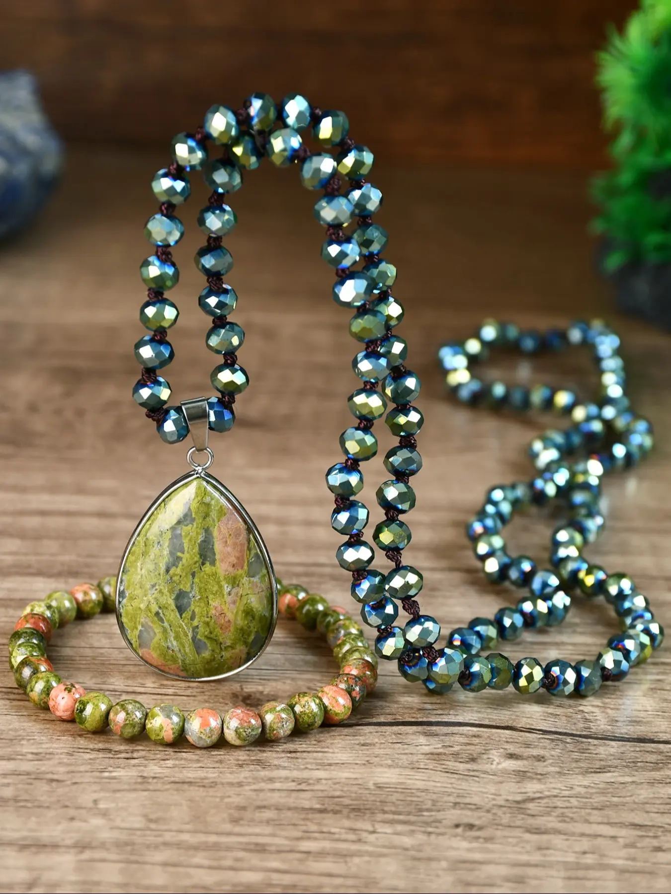 Vintage Unakite Pendant Necklace & Charm Bracelet Matching Boho Jewelry Set, Handmade Knotted Jewelry for Women, Unique Waterdrop Design Accessory