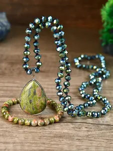 Vintage Unakite Pendant Necklace & Charm Bracelet Set, Handmade Knotted Jewelry for Women, Unique Waterdrop Design Accessory