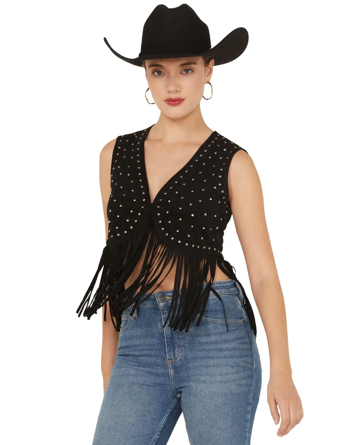 Idyllwind Women's Women'S Embellished Faux Suede Cropped Fringe Vest - Iwsu25v67-Blk