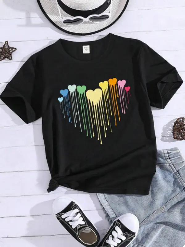 Gradient Rainbow Drip Hearts Combined Big Heart Graffiti Paint Design Cotton Tee Summer Cool 100% Pride Love Theme Cute Daily Women Outfit