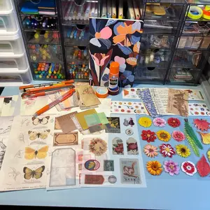 Junk Journal Starter Kit Bundle- includes floral journal, stickers, pens, ephemera, glue, washi tape