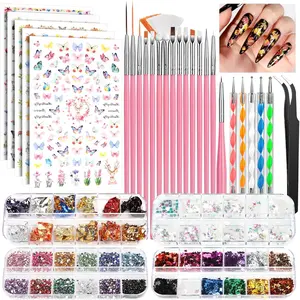 Nail Art Brushes Set, Nail Art Kit, Nail Design Kit, Nail Art Dotting Pens, Nail Stickers, Butterfly Nail Art Sequins, Nail Foils, Nail Art Flakes Iridescent, Rhinestones For Nails