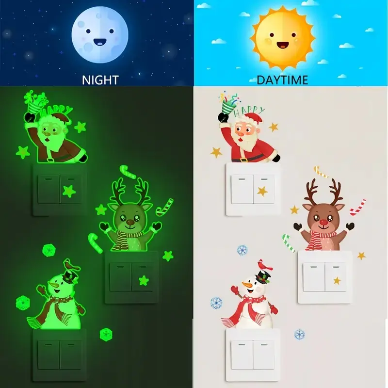 Christmas Glow-In-The-Dark Luminous Wall Sticker Set, Self-Adhesive Santa Reindeer Snowman Decals, Living Room Bedroom Bathroom Decor, Removable