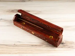 Hand Crafted Wooden Coffin Incense Burner with Sun & Moon Brass Inlays, Incense Holder, Ash Catcher, Home cleansing, Spiritual Gift, 12"