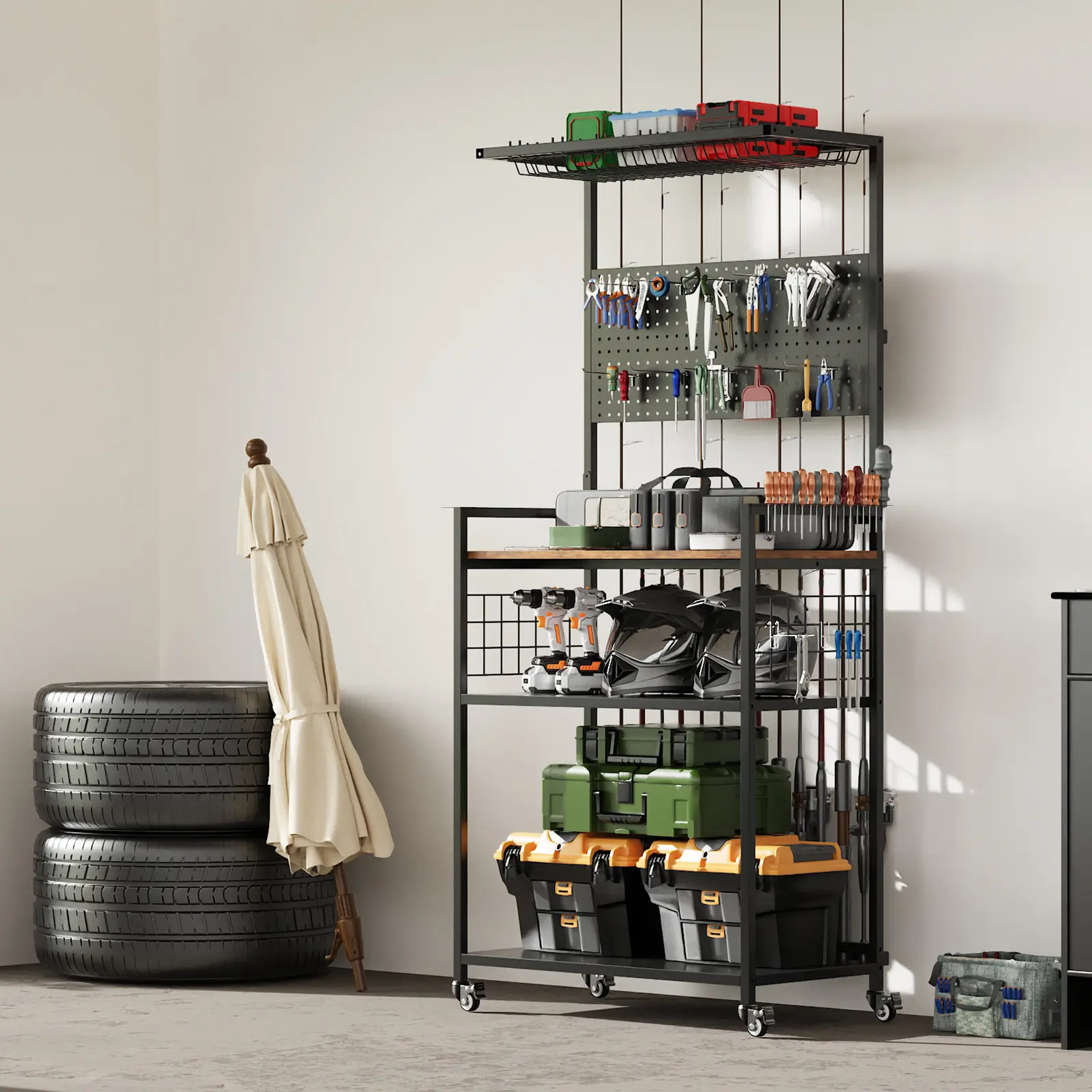 Fishing Rod Storage Rack with Pegboard, Rolling Tackle Organizer Cart, Multi-Tier Fishing Gear Stand for Rods, Reels, Tackle Boxes & Bags, Heavy Duty Metal Holders with Lockable Wheels, Shelves, Swivel