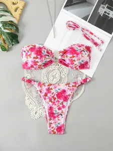 Women's Summer Beach Sexy Halter Bikini Set, Floral Print, Thin Straps, Fashion Two-Piece Swimsuit, Casual Style