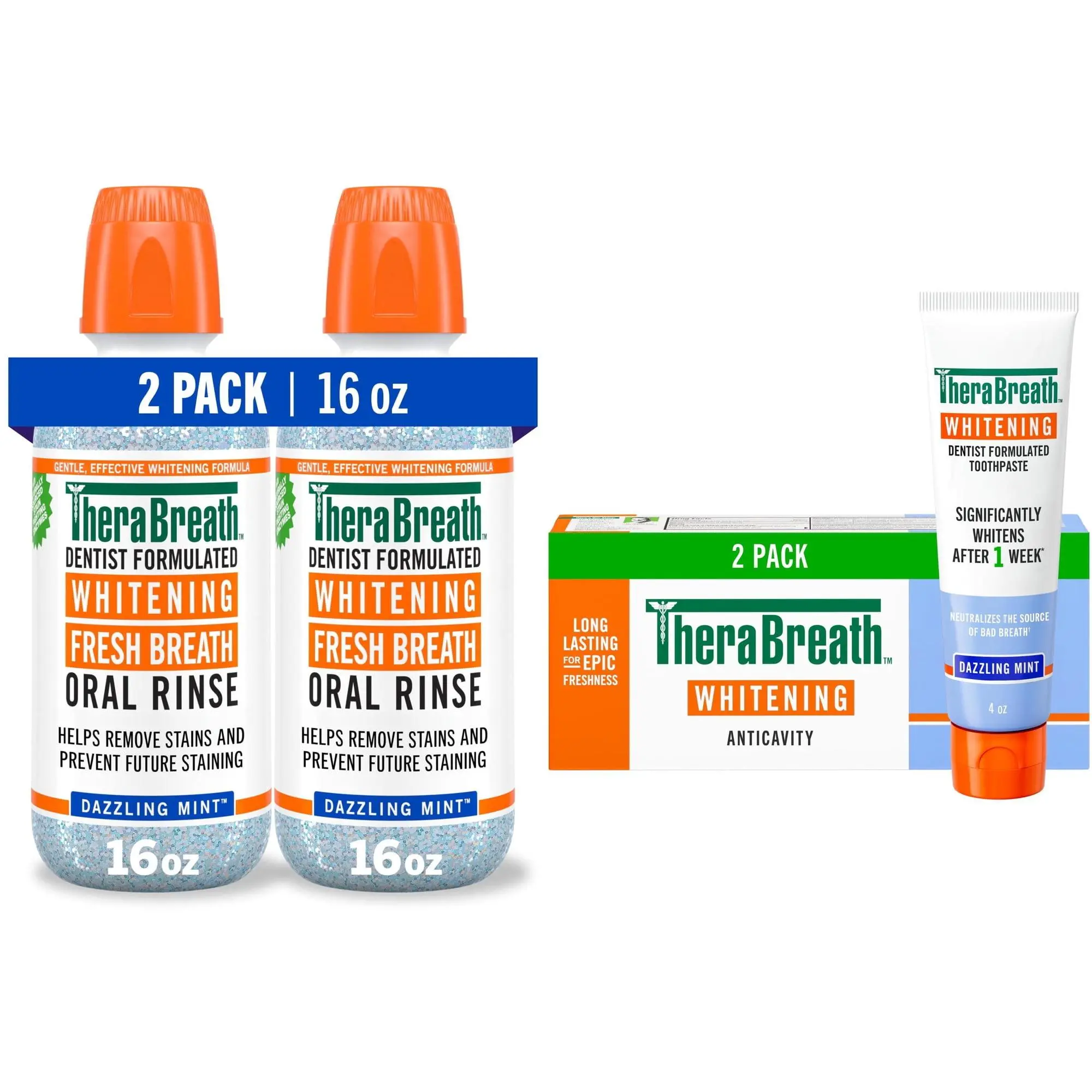TheraBreath Whitening Toothpaste & Mouthwash Bundle, 2 Pack Toothpaste + 2 Pack Mouthwash