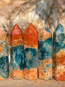 One Piece, Unique Crystals, Crystal Carvings, of Blue Apatite Combined with Sunstone in a Crystal Tower Form, a Natural Gradient from Orange to Blue, Perfect for Home Decor, Tabletop Decoration for Occasions Like Christmas